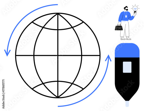 Globe with surrounding arrows, pen tip symbolizing creativity, and businessperson holding idea bulb. Ideal for innovation, global economy, creativity, technology, entrepreneurship, design education