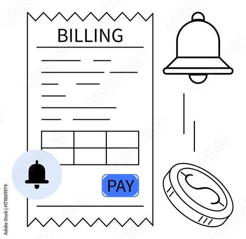 Billing receipt with clear text lines, payment button, notification bell, and coin indicating financial activity. Ideal for payment reminders, billing systems, online payment, financial services