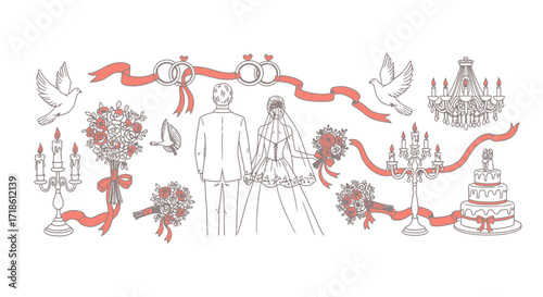 Capture the magic of your wedding with this elegant bride and groom illustration, featuring doves, cake, flowers, and rings for your special day