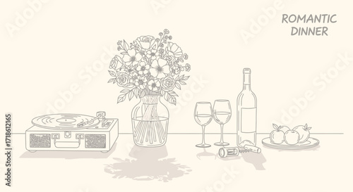 Elegant evening scene with wine, flowers, record player, and fruit for a romantic dinner date, perfect for lifestyle blogs and date night inspiration