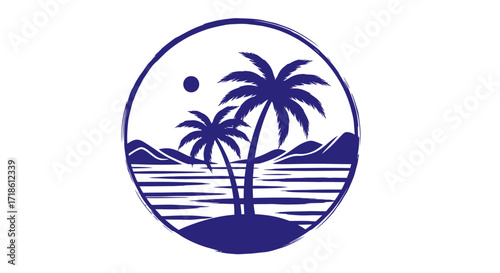 Dreamy tropical island escape with swaying palm trees, tranquil ocean, and distant mountains, perfect for travel, vacation, or relaxing getaway designs