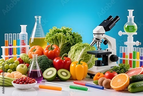 Analyzing fresh produce and fruit using scientific laboratory equipment, including beakers, test tubes, and a microscope for food analysis and quality control.
