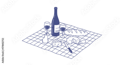 Charming picnic scene with wine, cheese, and bread on a checkered blanket, perfect for illustrating relaxed summer days or delightful culinary experiences