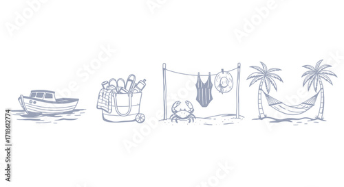 Dreamy beach vacation with boat, tote, swimwear, crab, and hammock beckons you to relax and unwind under the palms in a summer paradise