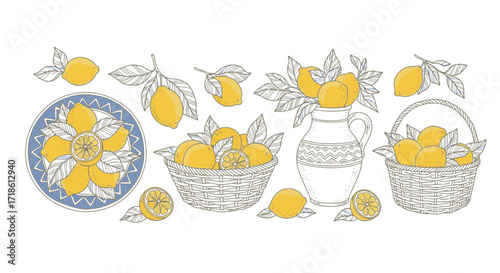 Vibrant lemon harvest hand-drawn illustration featuring lemons in baskets, on a plate, and in a pitcher for a fresh, summery design project