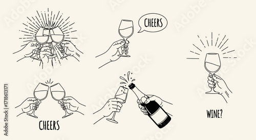 Celebrate with vibrant wine cheers illustrations for unforgettable moments, festive occasions and elegant design projects, perfect for party invites