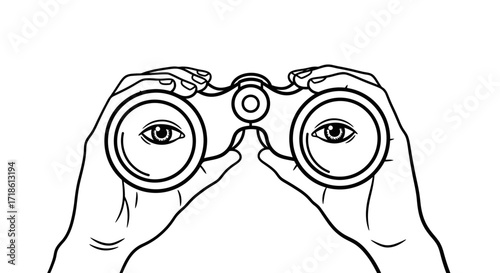 Hands holding binoculars with eyes looking through them, a concept for vision, search, discovery, exploration, and seeing the future