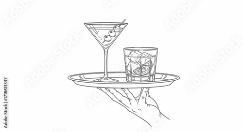 Elegant hand serving classic cocktails on a tray adds a touch of sophistication to your designs perfect for upscale bars and restaurants illustration
