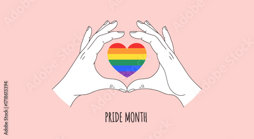 Celebrate Pride Month with love and inclusivity, hands forming a heart with rainbow colors on a soft pink background conveying hope and acceptance