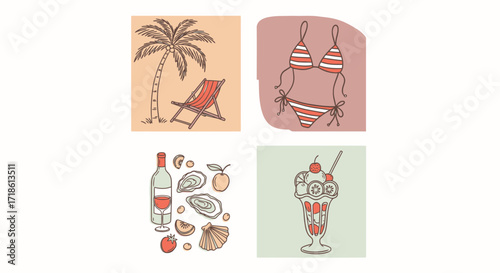 Summer vibes illustration with palm tree, swimsuit, wine, oysters, and dessert for a tropical vacation or holiday themed design, bright and cheerful