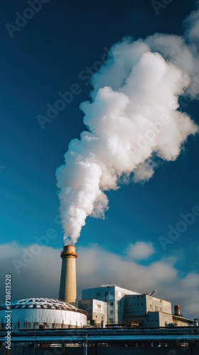 A tall smokestack emits white smoke against a blue sky, highlighting industrial activity and environmental impact.