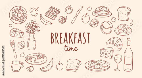 Enjoy a delicious breakfast with waffles, fruits, croissants, cheese and more, great for menus, recipes, food blogs, and healthy lifestyle content