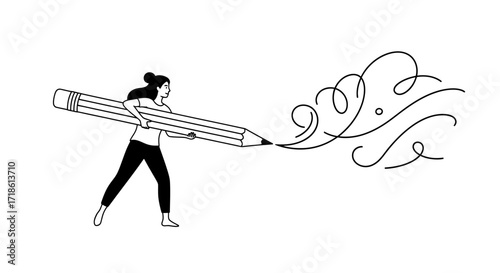 Woman artist creating abstract designs with giant pencil, unleashing creativity and imagination on white backdrop, perfect for inspirational projects