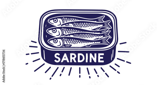 Appetizing sardines in can with navy blue graphic design illustration for healthy eating lifestyle promotions and seafood recipe blogs, vibrant!