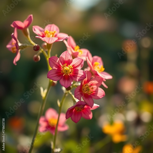 Close-up of delicate pink flowers with yellow centers on a blurred natural background.