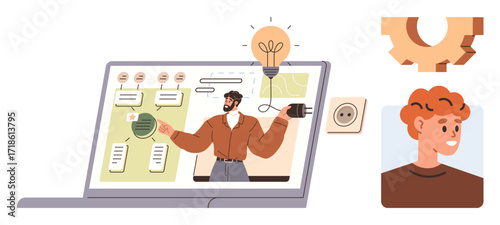 Person presenting strategic concepts via laptop screen featuring flowcharts, innovation symbols thumbs up lightbulb, connection port, technical gear, and personal profile portrait. Ideal