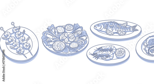 Delicious seafood feast featuring shrimp, fish, mussels, and octopus, perfect for a restaurant menu or culinary blog, illustrated in a modern line style