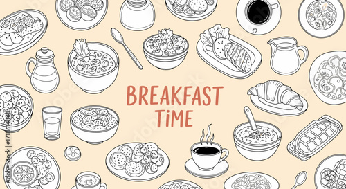 Start your day with a delicious breakfast illustration featuring tasty foods like croissants, coffee and salads, perfect for recipe cards and menus