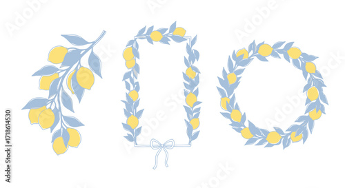 Inviting lemon frames and branch for vibrant summer designs or elegant citrus themed invitations, perfect for adding a zest of freshness and joy