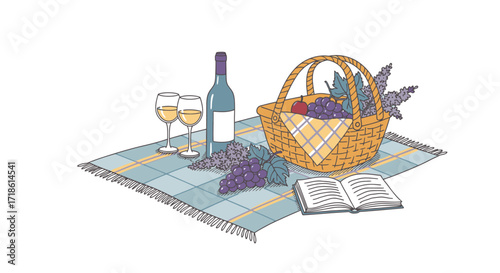 Enjoy a relaxing summer picnic with wine, grapes, and a good book, perfect for lifestyle blogs, invitations, and social media posts