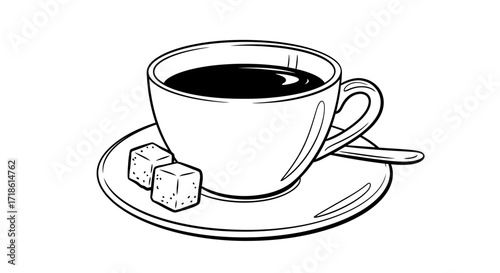 Elegant coffee cup sketch with sugar cubes invites a cozy, comforting mood for cafe menus, recipe illustrations, or a relaxing break concept