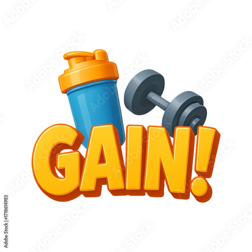 Gain word with dumbbell and shaker isolated on transparent background