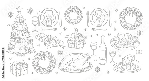 Festive Christmas dinner table with gifts, wine, and turkey offers a cozy holiday scene perfect for invitations, cards, and seasonal promotions