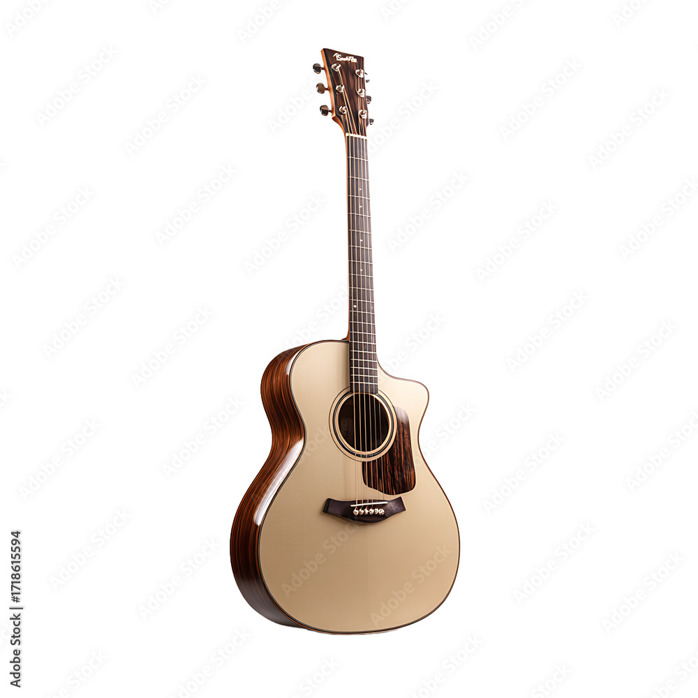 Obraz premium Elegant acoustic guitar with light finish showcasing natural wood grain High - quality instrument for musicians offering clear and balanced sound