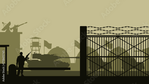 Military base landscape illustration with headquarter and armament