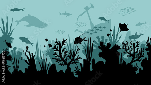 Shipwreck undersea landscape illustration with coral reef and fishes