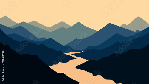 River landscape illustration with mountain range and ridges