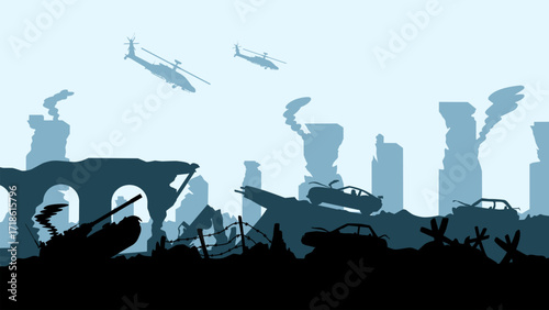 Apocalypse landscape illustration with  destroyed city and warfare