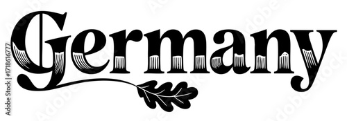 Germany Typography Black Lettering with Oak Leaf, Vintage Traditional German Style Isolated on Transparent Background, Editable Vector