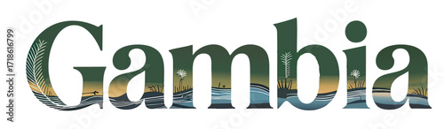 Gambia Typography Illustration with River Landscape, Sunset Nature Art, African Scenery, Decorative Travel Font Design
