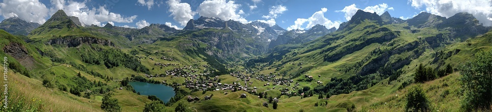 Obraz premium Mountain Village Panorama with Pristine Lake, Alpine Landscape with Snow-capped Peaks, Rural Settlement in Valley Setting, Eco-tourism Destination Background
