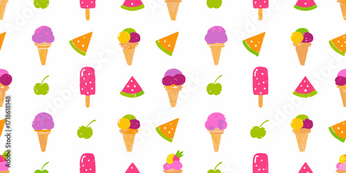 A whimsical summer pattern featuring colorful ice cream cones popsicles and fruit slices