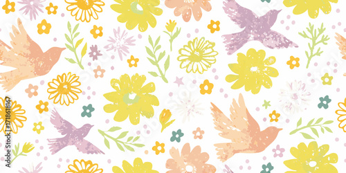Whimsical hand drawn floral pattern with flying birds in pastel colors