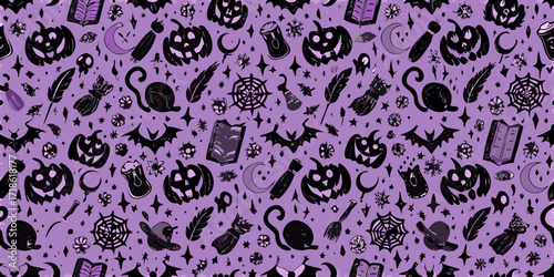 Whimsical halloween pattern with pumpkins bats spiders webs moons and feathers on purple background