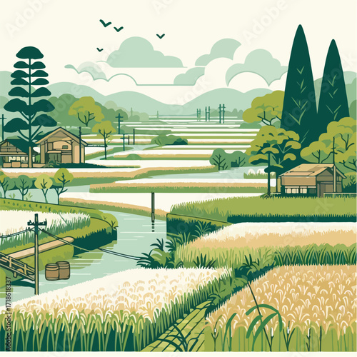 vector illustration of rice fields and mountains