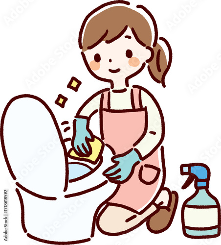 トイレ掃除をする女性のベクターイラスト