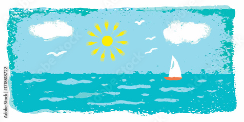 Whimsical hand drawn illustration of a sunny day at sea with a sailboat and birds