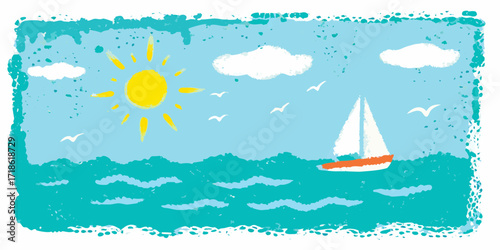 Whimsical illustration of a sailboat on a bright sunny day with fluffy clouds and seagulls flying