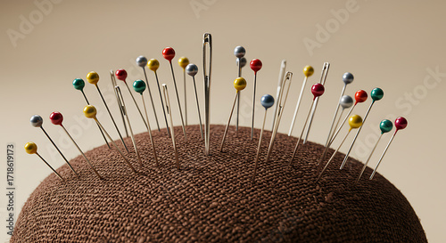 Assorted colorful sewing pins and needles in a rustic brown pincushion, essential haberdashery tools for tailoring and crafting