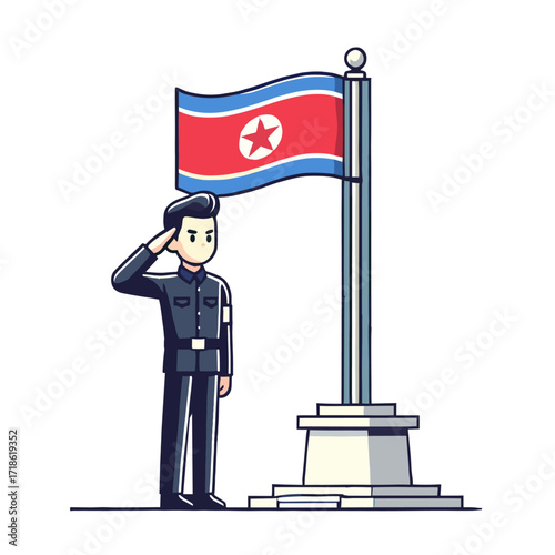 Illustration of Soldiers Saluting the North Korean Flag with a White Background