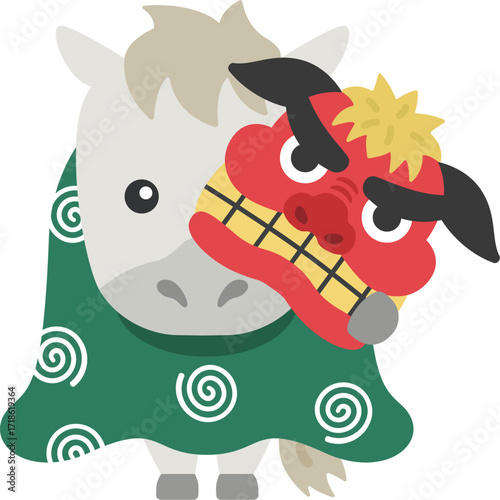 獅子舞の衣装を着た、白馬のキャラクターのイラスト｜午年素材