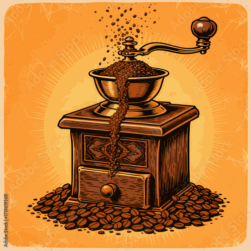 A nostalgic vector illustration of a vintage coffee grinder with freshly ground coffee beans spilling out, set against a retro background, in a detailed hand-drawn style