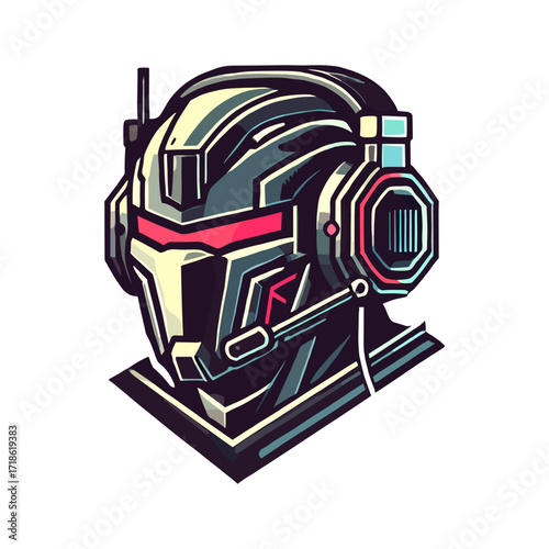 Logo of a fierce robot head mascot wearing a headset with a white background