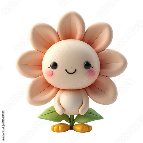Cute, cartoon flower character with light peach petals and a cheerful expression