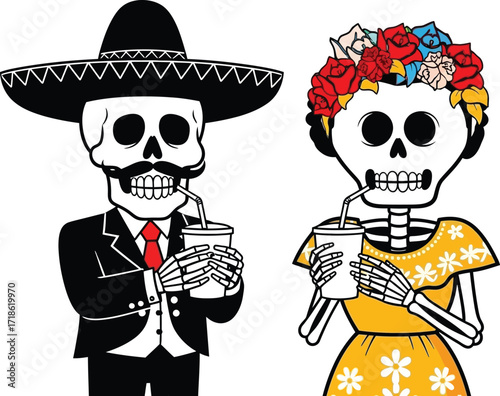 Charming skeletons celebrating in festive attire, a vibrant artistic depiction perfect for cultural events and holiday themes
