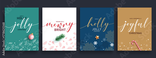 Christmas greeting card calligraphy clipart poster set. Christmas greeting card clip art with holly jolly, merry and bright typography text in elegant simple template background collection for holiday